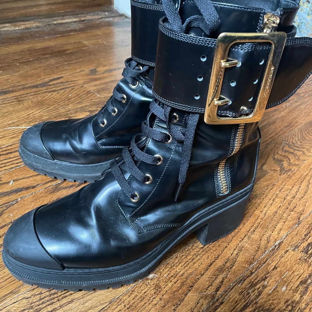 Burberry Black and Gold Combat Boots with Rugged Sole